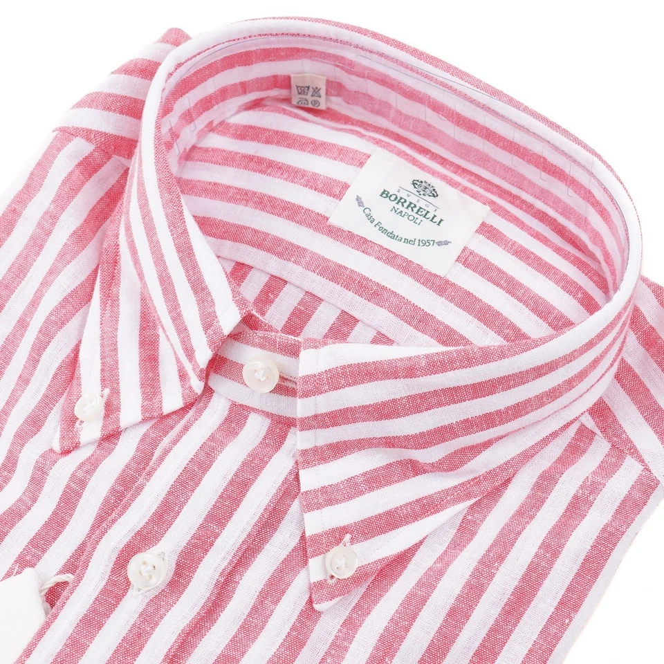 Camisa de vestir Luigi Borrelli ajustada a rayas frambuesas lino-algodón 15,5 nueva con etiquetas Foto 4 de 4