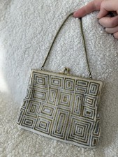 Vintage Walborg Beaded Evening Bag White Gold Silver Satin Formal Handbag