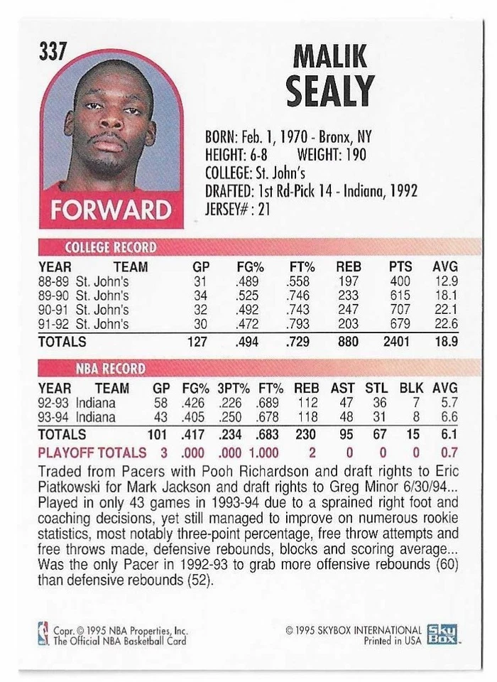 1994-95 NBA Hoops Basketball Malik Sealy Card #337 Los Angeles Clippers - Image 2 of 4