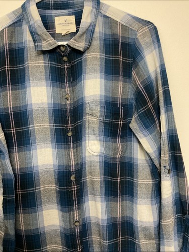 American Eagle Plaid Flannel Shirt L Boyfriend Fit Grunge Casual - Picture 11 of 16