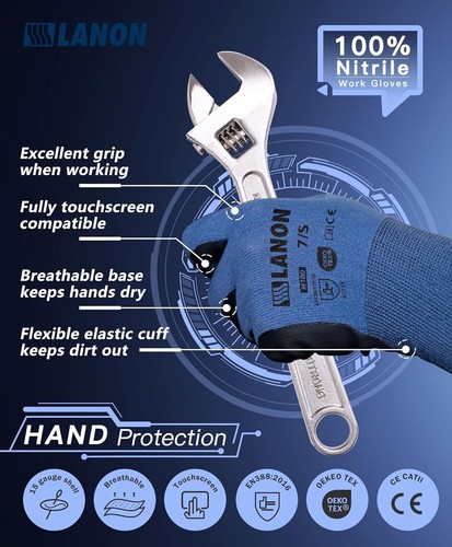 3 pares de guantes de trabajo de seguridad recubiertos de nitrilo LANON para hombre y mujer, tamaño mediano - Imagen 2 de 7