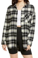 BP. Boyfriend Plaid Button-up Shirt in Ivory- Black Marley Plaid, Sz. XS