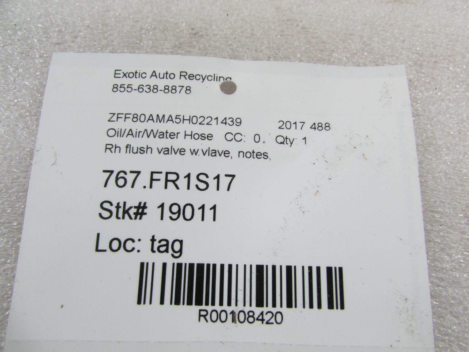 Ferrari 488, RH, Right Flush Valve Pipe w/ Valve, Used, P/N 319788, 254425