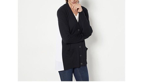 Isaac Mizrahi Live! Elements Mix Media Sweater Cardigan A470325 XL Pitch Black