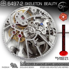 MOVEMENT ETA UNITAS 6497-2, BL109, SPIDER SKELETON TRANSP. STONE DECORATED,SWISS