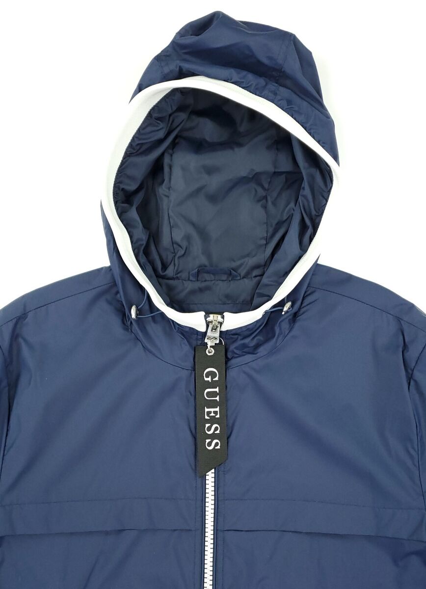 Guess Men's XL Full Zip Hoodie Windbreaker Lined Jacket Navy Guess Men's XL Full Zip Hoodie Windbreaker Lined Jacket Navy