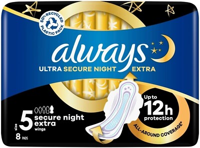 8 x Always Ultra Damenbinden Secure Dry Night Extra mit Flügeln, Größe 5