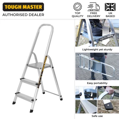TOUGH MASTER 3 Step Ladder 150kg Load Capacity Aluminium Ladder Anti Slip Steps