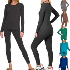 Womens Two Piece Top & Leggings Set Buttery Soft Warm Layering Lounge Underwear