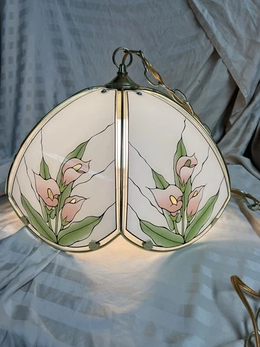 Vintage Tiffany Replication Hanging Lamp Pink Calla Lilies With Green Foliage
