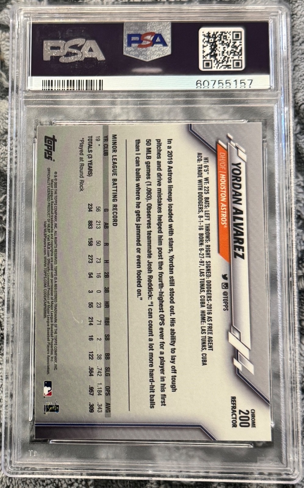 2020 Topps Chrome - Yordan Alvarez #200 Refractor (RC) PSA 10 GEM Rookie Card view 2