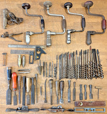 Lot of Antique Vintage Woodworking Tools - Braces, Chisels, Spoke Shaves, Bits