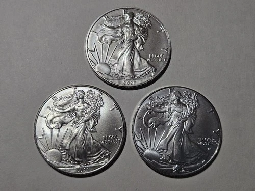 Lot of 3 American Silver Eagles 1oz .999 Fine Silver BU 2020, 2021, 2025