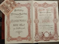 Germany 1896 Bavaria Railway 1000 Marks Coupons UNCANCELLED Loan Bond Anleihe