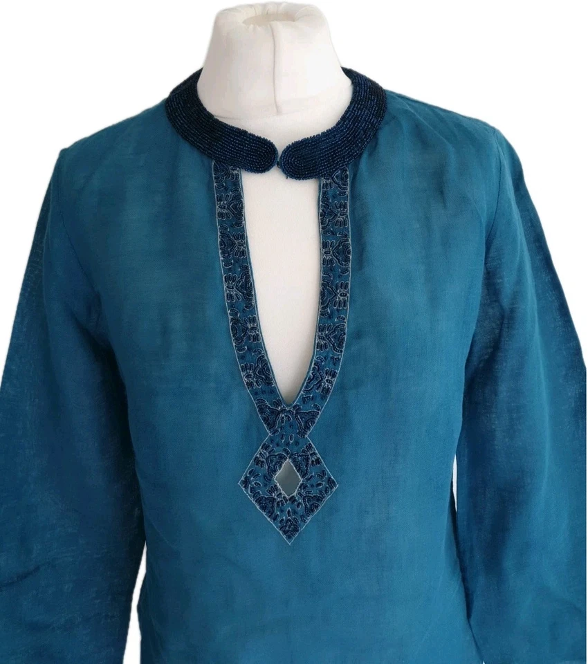 Top Joseph para mujer azul bordado con cuentas cuello en V 100 % lino. UK 8, EU 36. Foto 4 de 4