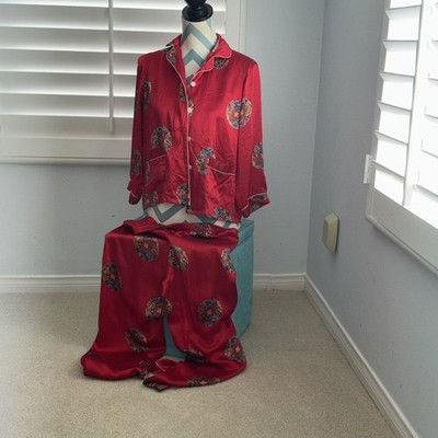 Beautiful Asian Design Red Silk Button Front Pajama / Night Dress S READ