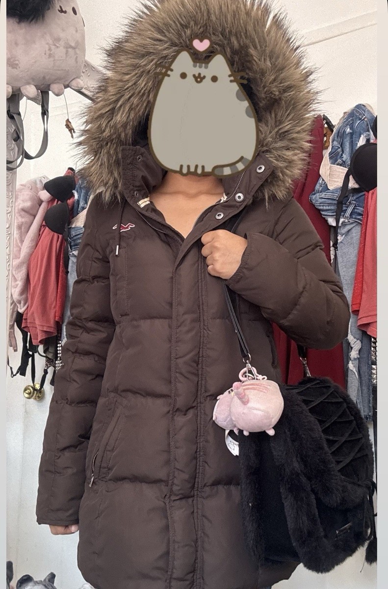vintage rare 2000s adorable brown hollister puffer coat with fur