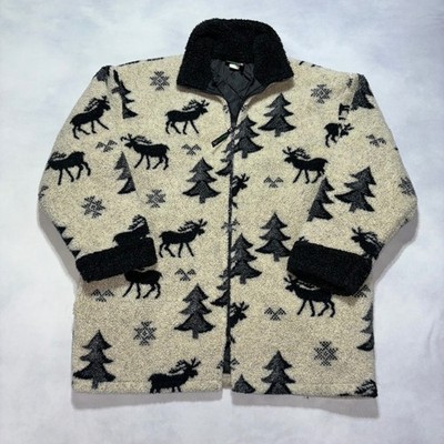 Vintage 90s Nature Sherpa Fleece Jacket Large Moose Forest Quilted Made in USA
