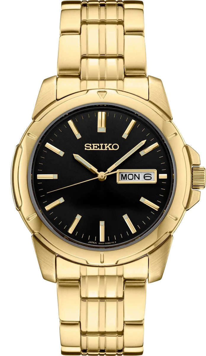 Seiko Men's Watch SUR358 Quartz Gold Stainless Steel Black Dial