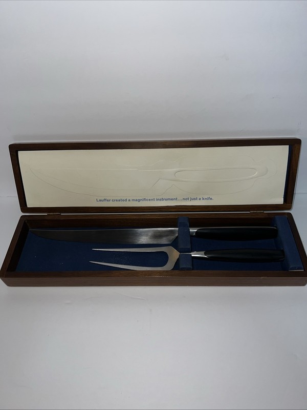 Mid Century Lauffer Carving Set: Stainless Steel & Ebony Handles, Wood Box