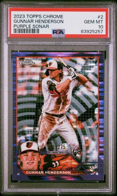 2023 Topps Chrome #2 Gunnar Henderson RC Purple Sonar Refractor /275 PSA 10