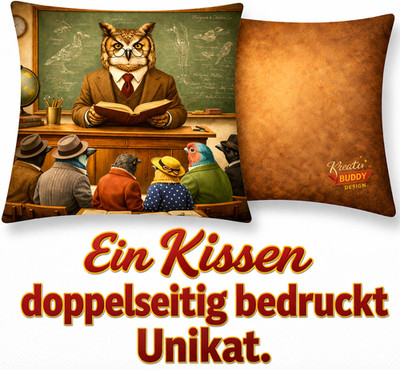 Kissen  Eule Lehrer 45x45 inkl Füllung Dekokissen Schule Student Professor retro