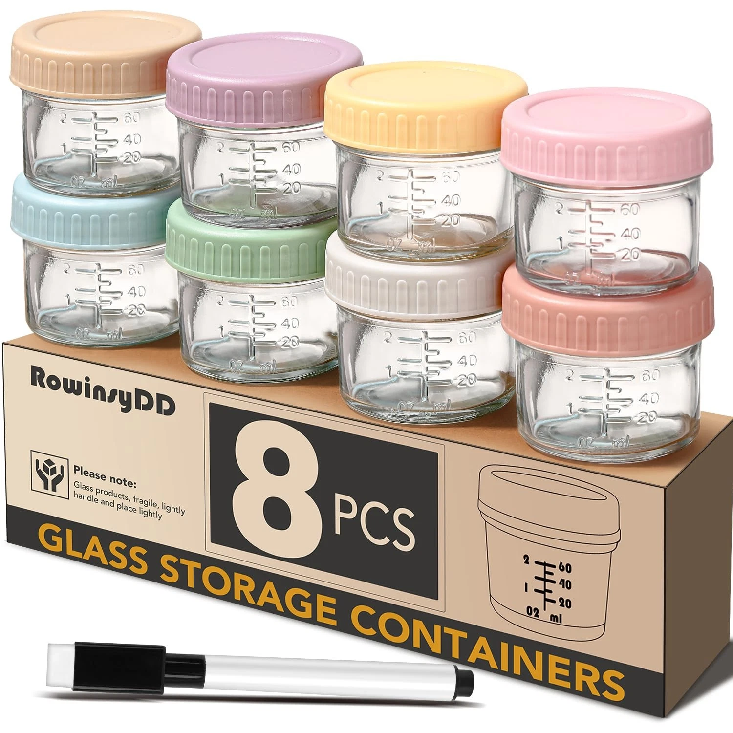 8 Pack Glass Baby Food Storage Containers, 4 oz Leakproof 8P, multi-color
Opens in a new window or t