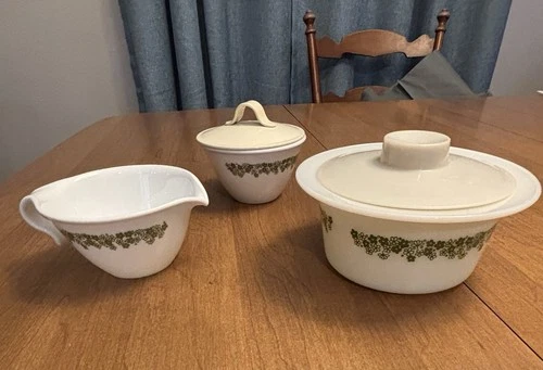 Vintage Spring Blossom PYREX butter dish & lid, CORELLE cream & sugar with lid