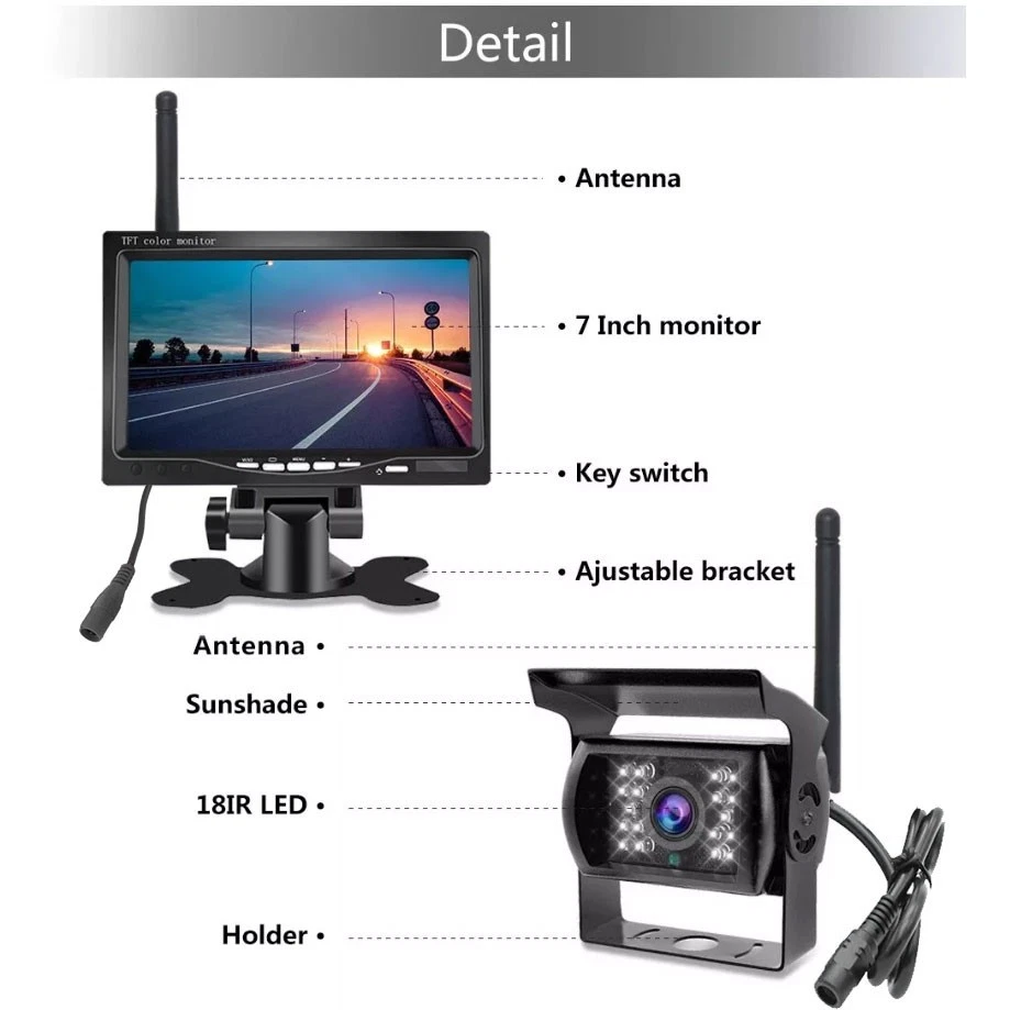 Wireless IR Backup Reverse Camera 7" LCD Monitor for 12-24V Truck Caravan RVs - Image 4 of 4