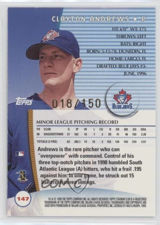 1999 Topps Stadium Club One of a Kind /150 Clayton Andrews #147 Rookie RC - Image 2 of 2