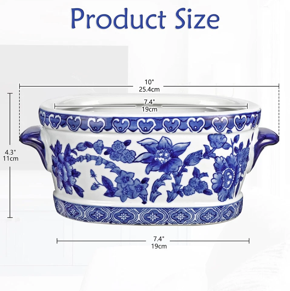 Blue and White Ceramic Planter Pot – Vintage Floral Oval Cachepot Vase for Indoo - Image 2 of 4