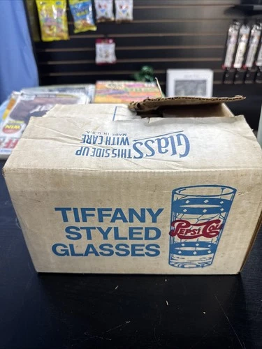 New Vintage Pepsi Cola 1970's Tiffany Style Glasses Stained Glass Set of 6 Box