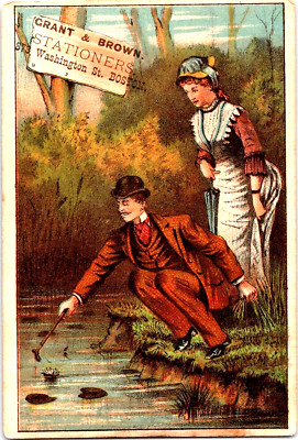 Grant & Brown Stationers BOSTON Man Gets Lily Pad with Cane Victorian Trade Card