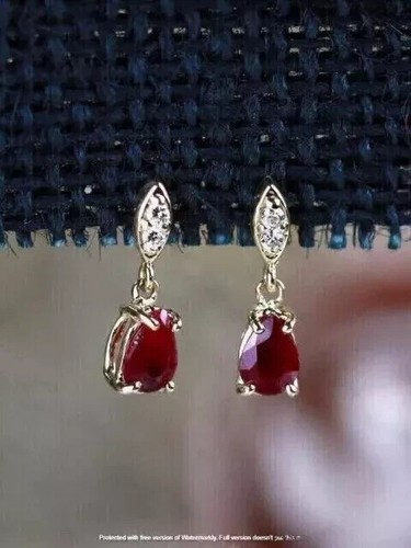 2.30Ct Pear Cut Lab Created Red Ruby Drop/Dangle Earrings 14K Yellow Gold Plated - Picture 4 of 7