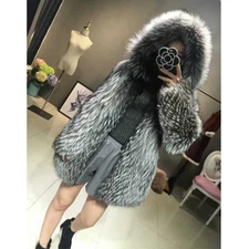 2022 Women Coat Hooded Whole Skin Real Silver Fox Fur Overcoat Jackets Outwear