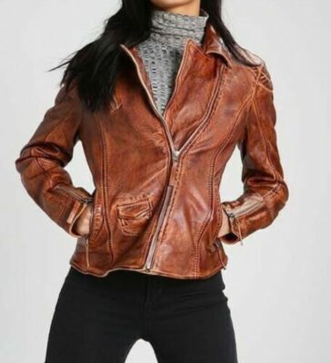 Women's Slim fit Soft Lamb Skin Brown Biker Motorcycle Cafe Racer Leather Jacket