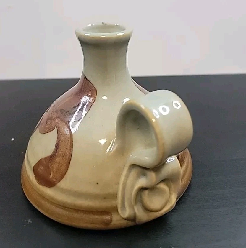 Brown Floral Iridescent Pottery Stonewear Candle Stick Holder W/ Handle Signed  - Image 2 of 4