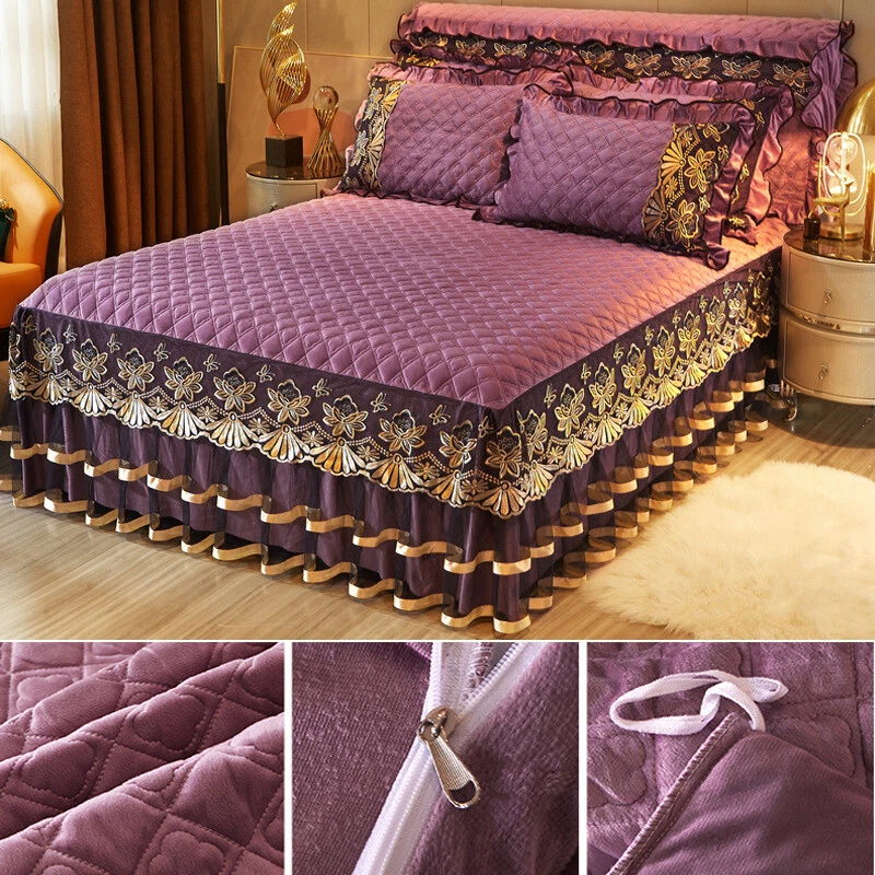 Samt Gesteppt Bett Rock Tagesdecke Netz Rüsche Tiefer Bettlaken Matratzenschoner - Bild 2 von 4