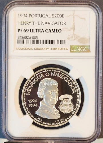 1994 PORTUGAL SILVER 200 ESCUDOS HENRY THE NAVIGATOR NGC PF 69 ULTRA CAMEO
