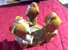 Three chubby Dolphins Brown Glaze Pottery Ceramic Tealight Votive Candle Holder