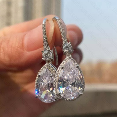 3.88 TCW Pear Cut Moissanite White Sapphire Drop Earring 14K White Gold Plated