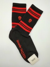  125 Alexander McQueen Wmn Black Mid-Calf Stripe Skull Sport Socks L 584617 1074