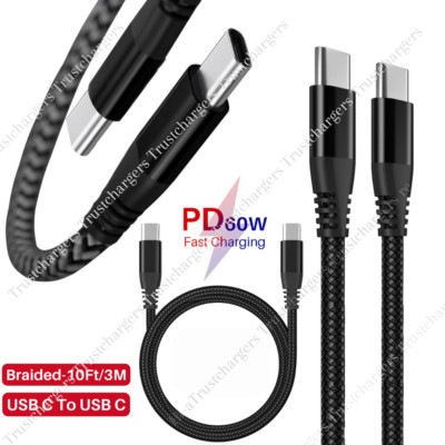 10Ft Long Type-C to USB-C Cable PD Fast Charger For iPhone 15 Plus Pro Max iPad