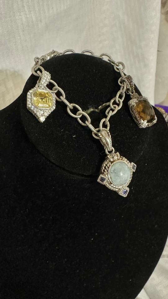 Judith Ripka Sterling Silver Rolo Link Bracelet With 3 JR Semi Precious Charms - Image 4 of 4