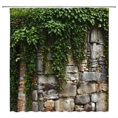Stone Brick Wall Shower Curtain Green Leaves Bathtub Curtain Bathroom Decor
