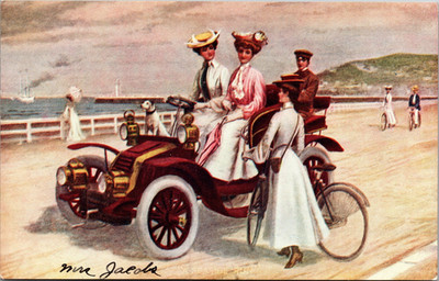 Postcard Women Driving Car along the Sea Artist Painting Unposted