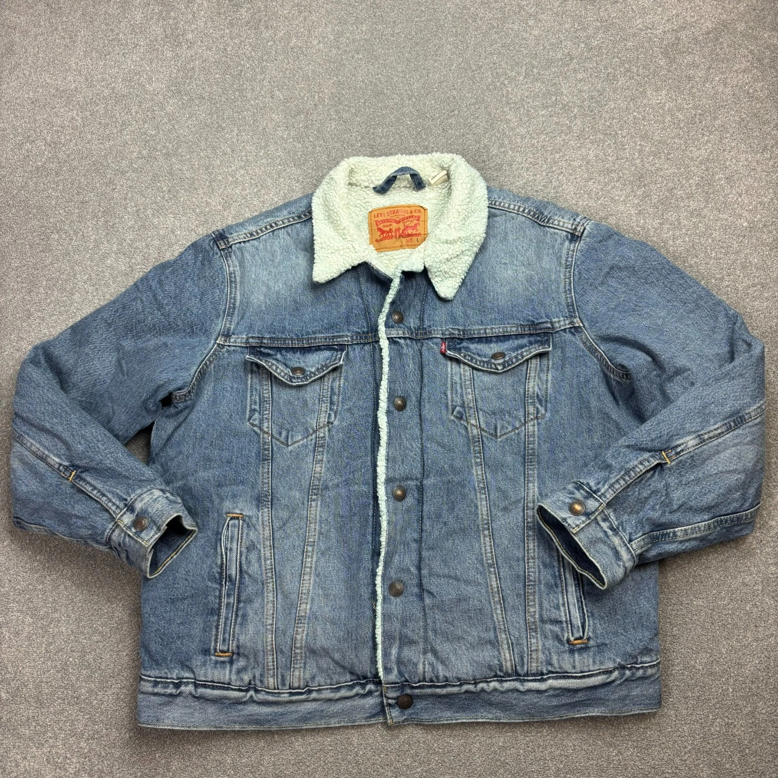 Levis Denim Jacket Adult Large Blue Sherpa Lined Trucker Red Tab Utility Men