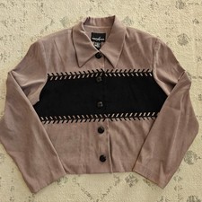 VTG Western Shacket Button Up Blazer Women's 14 Tan Black Neutral Faux Suede EUC