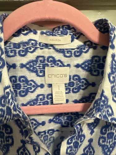 Chico’s No-Iron Stripe Linen Blouse, size 1 (Med) Blue & White GEO Coastal Beach - Picture 3 of 5