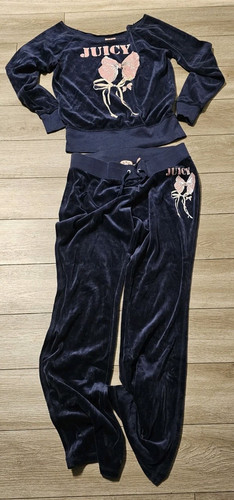 Vintage Y2K - Juicy Couture Velour Tracksuit Set - Navy Blue - Medium - Bows - Picture 1 of 6